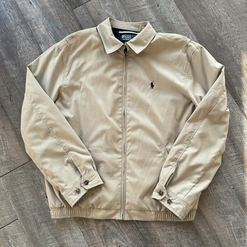 Vintage Y2K Polo Ralph Lauren Plaid Lined Harrington Jacket Size L Tan